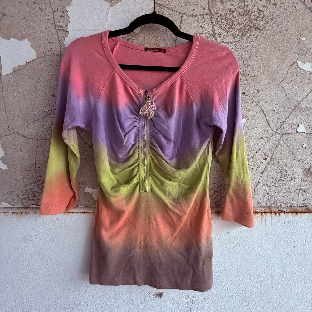 Y2K Rainbow Ruched Zip Tunic Top Cotton Modal Long‎ Sleeve Made in USA Size S